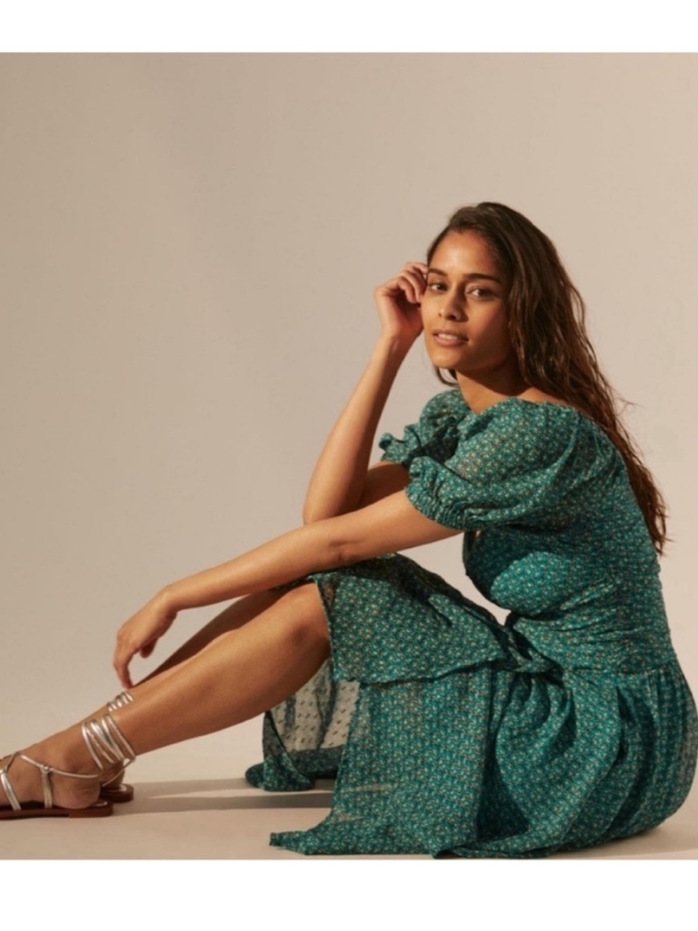 Anthropologie Puff-Sleeved Cut-Out Midi Dress size 14 Handkerchief Hem Plus Size - Picture 6 of 12